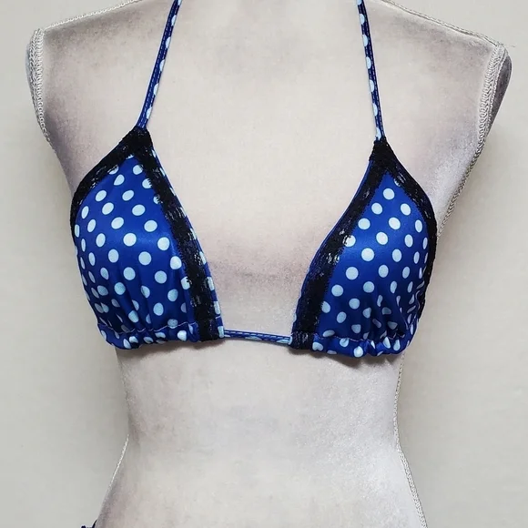 90s Vintage OOAK Handmade Blue Polka-dot Black Lace Side-Tie Triangle Bikini S - Picture 4 of 16